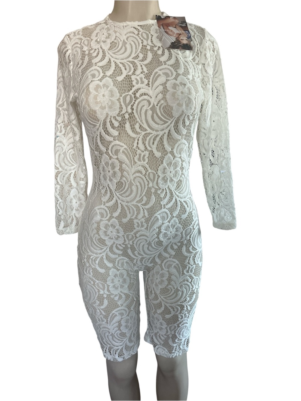 Naked Wardrobe White Floral Lace Long-Sleeve Romper
